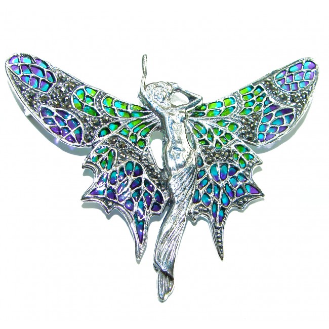 Large Natural Enamel Elf .925 Sterling Silver Brooch Pendant
