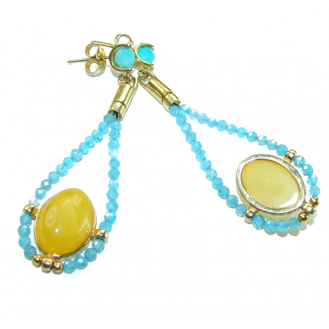 Seaside Genuine Aqumarine Baltic Amber 14K Gold over .925 Sterling Silver handcrafted earrings