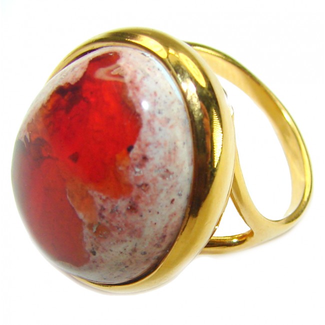 Inner Fire best quality 25.4 carat Mexican Opal 18K Gold over .925 Sterling Silver handmade ring 8 1/4 - Gold ring with close-up of 25.4 carat Mexican opal stone