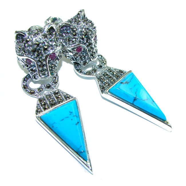Spectacular Blue Panthers inlay Turquoise .925 Sterling Silver handcrafted Earrings
