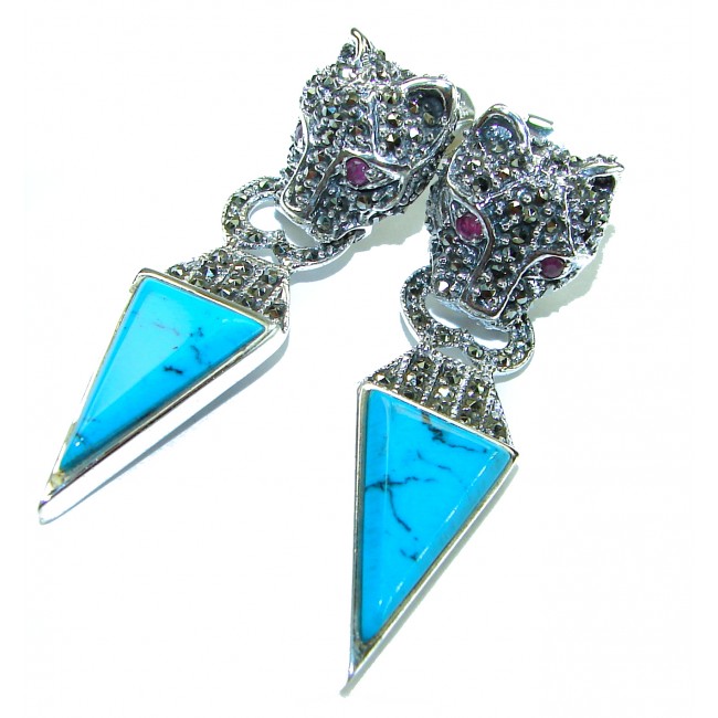 Spectacular Blue Panthers inlay Turquoise .925 Sterling Silver handcrafted Earrings