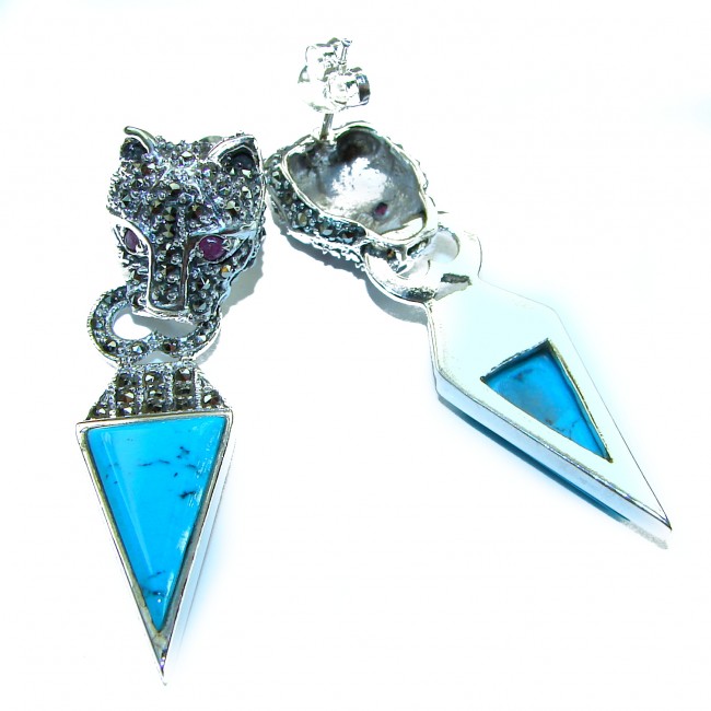 Spectacular Blue Panthers inlay Turquoise .925 Sterling Silver handcrafted Earrings
