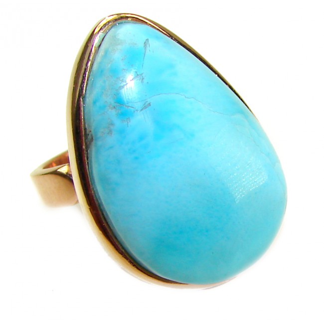 Blue Perfection Blue Larimar 18K Gold over .925 Sterling Silver handmade Large ring size 6 1/4 - Close-up of Blue Larimar ring with 18K gold over sterling silver.