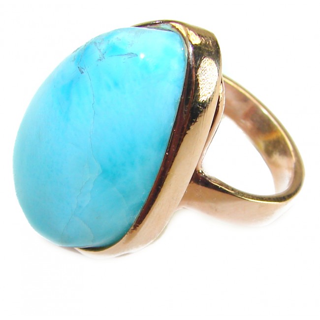 Blue Perfection Blue Larimar 18K Gold over .925 Sterling Silver handmade Large ring size 6 1/4 - Side view of Blue Larimar ring in 18K gold over .925 sterling silver.