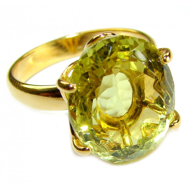 8.8 carat Genuine Lemon Quartz 14K Gold over .925 Sterling Silver handcrafted ring size 7 1/2 - Lemon quartz ring, close-up of stone set in 14K gold over sterling silver.