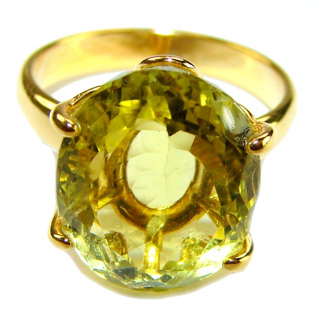8.8 carat Genuine Lemon Quartz 14K Gold over .925 Sterling Silver handcrafted ring size 7 1/2 - Lemon quartz ring, 14K gold over sterling, close-up view.