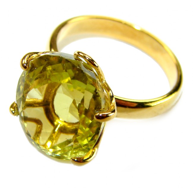 8.8 carat Genuine Lemon Quartz 14K Gold over .925 Sterling Silver handcrafted ring size 7 1/2 - Lemon quartz ring in 14K gold over sterling, stone close-up.
