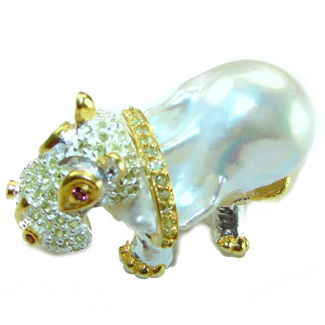 Hippo - Strength and Courage Natural Mother of Pearl 14K Rose Gold over .925 Sterling Silver handmade Pendant