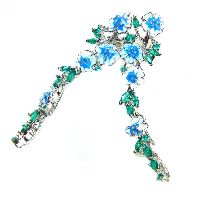 FLORAL DESIGN 0.5 carat London blue Topaz Enamel .925 Sterling Silver handcrafted Chain earrings