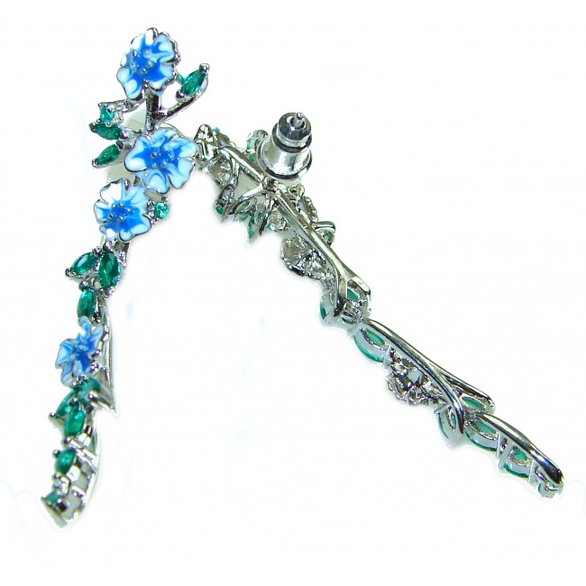 FLORAL DESIGN 0.5 carat London blue Topaz Enamel .925 Sterling Silver handcrafted Chain earrings