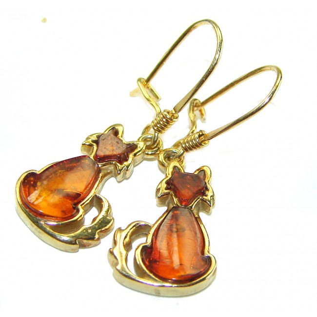 Golden Cats Natural Amber 14K Gold over .925 Sterling Silver handmade earrings