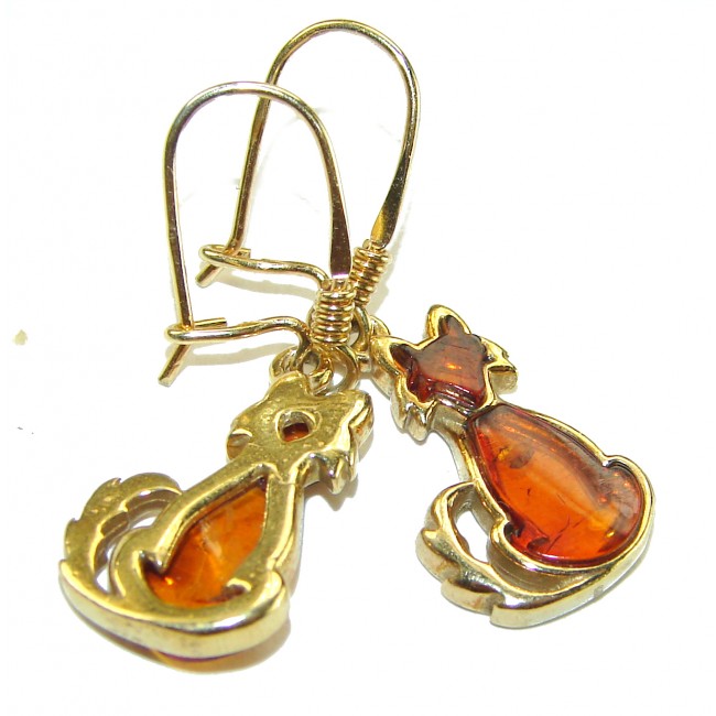 Golden Cats Natural Amber 14K Gold over .925 Sterling Silver handmade earrings