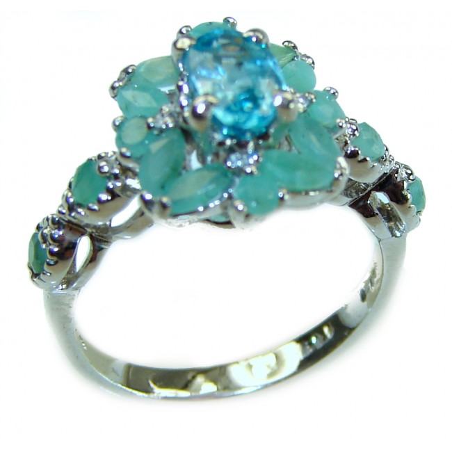 Splendid 4.6 carat authentic Aquamarine Colombian Emerald .925 Sterling Silver Handcrafted Ring size 5