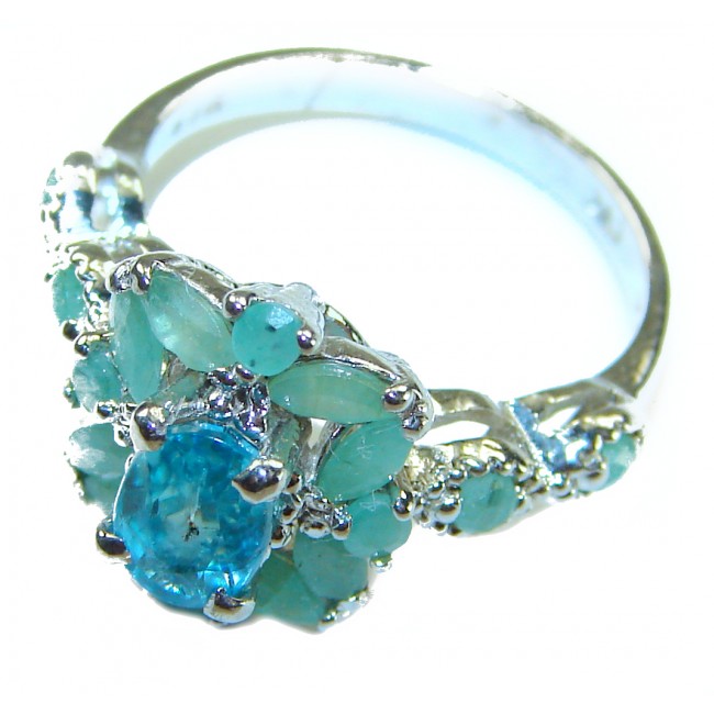 Splendid 4.6 carat authentic Aquamarine Colombian Emerald .925 Sterling Silver Handcrafted Ring size 5