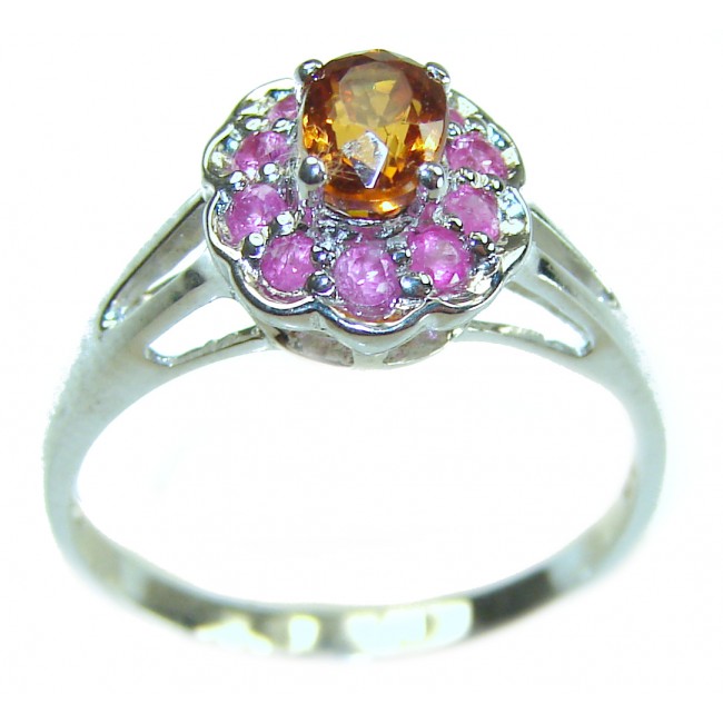 Blooming Rose 1.5 carat Orange Sapphire .925 Sterling Silver handmade Statement ring; s. 8 - Orange sapphire ring in sterling silver, top view with pink stones.