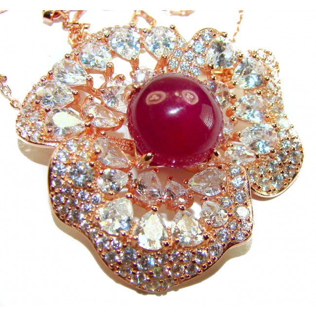 Timless Beauty- 10.5 carat authentic Ruby 18K Rose Gold over .925 Sterling Silver handcrafted necklace - Close-up of 10.5 ct ruby in 18K rose gold with surrounding diamonds.
