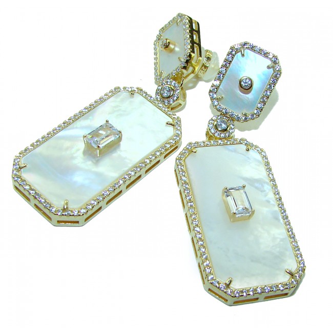 Genuine Blister Pearl 0.6 carat lab grown Diamond 18K Gold over .925 Sterling Silver handcrafted Large Statement Earrings - photo 3