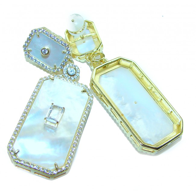 Genuine Blister Pearl 0.6 carat lab grown Diamond 18K Gold over .925 Sterling Silver handcrafted Large Statement Earrings - photo 2