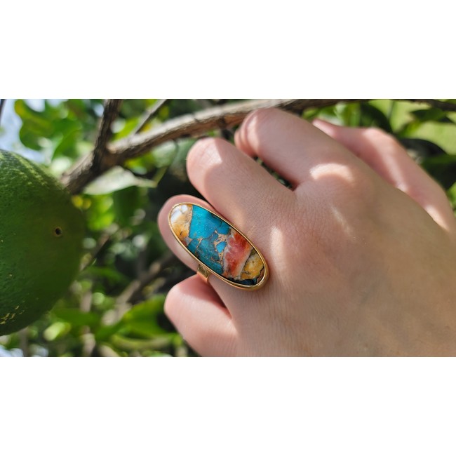 Rare 29.5 carat Oyster Turquoise 18K Gold over .925 Sterling Silver handcrafted Large ring; s. 7 adjustable
