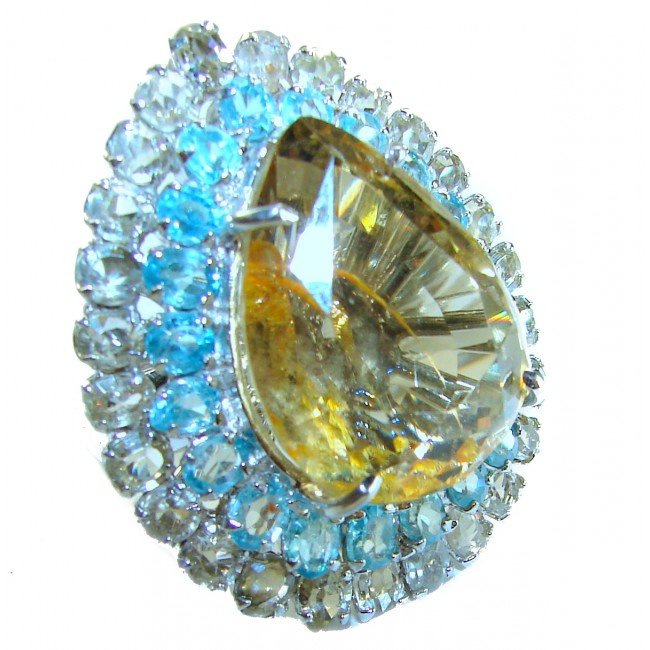 Giovanna Incredible Design 78.5 carat Champagne Topaz Swiss Blue Topaz .925 Sterling Silver handmade Ring size 8