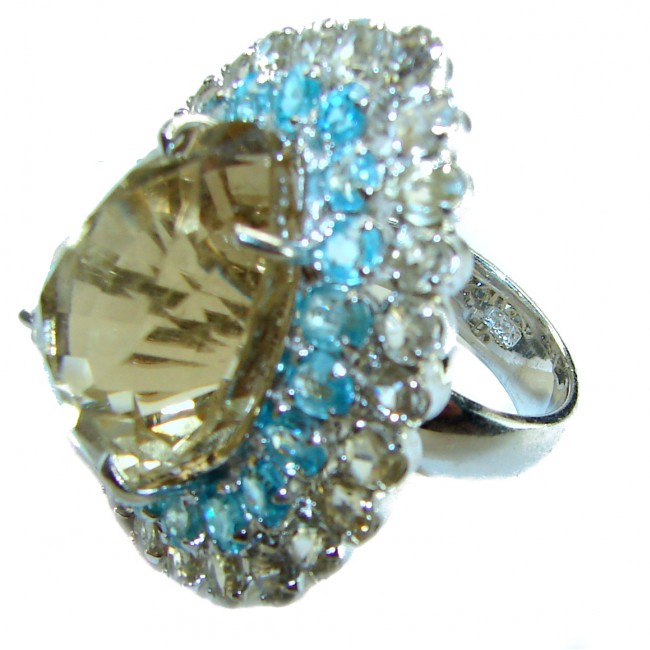 Giovanna Incredible Design 78.5 carat Champagne Topaz Swiss Blue Topaz .925 Sterling Silver handmade Ring size 8