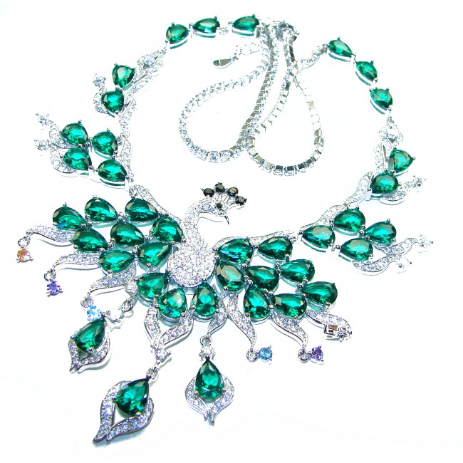 65.2 carat Graceful Peacock Natural Colombian Emerald .925 Sterling Silver handcrafted Statement necklace