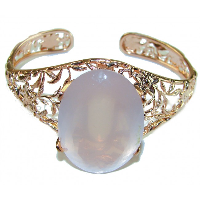 Vintage Beauty Genuine 49.2 carat Brazilian Rose Quartz Rose quartz 18K Gold over .925 Sterling Silver handcrafted Bracelet / Cuff - Rose gold bracelet with large rose quartz, top view.
