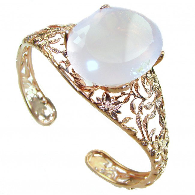 Vintage Beauty Genuine 49.2 carat Brazilian Rose Quartz Rose quartz 18K Gold over .925 Sterling Silver handcrafted Bracelet / Cuff - Rose quartz bracelet, side view, detailed floral filigree design.