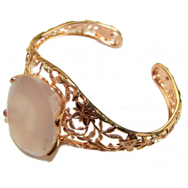 Vintage Beauty Genuine 49.2 carat Brazilian Rose Quartz Rose quartz 18K Gold over .925 Sterling Silver handcrafted Bracelet / Cuff - Side view of vintage bracelet with Brazilian rose quartz centerpiece.