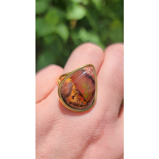Inner Fire 17.5 carat Authentic Mexican Opal 14K Gold over .925 Sterling Silver handcrafted ring size 7 1/4