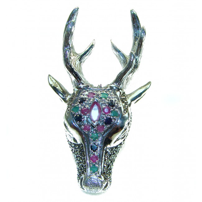 Unisex - Large Deer Head Authentic Ruby Marcasite .925 Sterling Silver handmade Ring size 7 - Front view of silver deer head jewelry with ruby and marcasite detail.