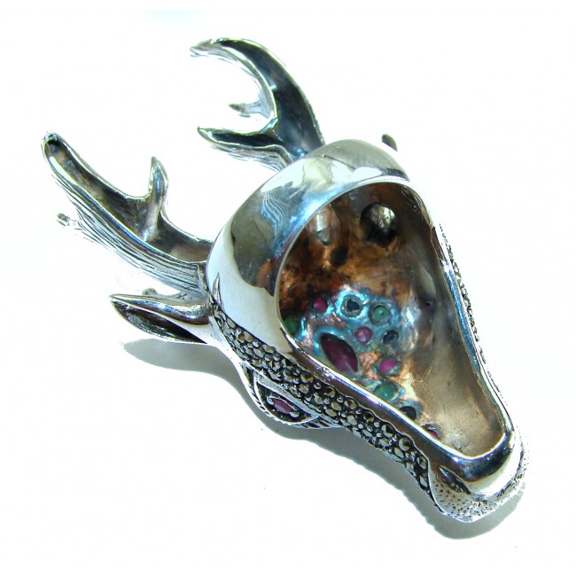Unisex - Large Deer Head Authentic Ruby Marcasite .925 Sterling Silver handmade Ring size 7 - Large deer head ring, front angle, showcasing ruby and marcasite details.