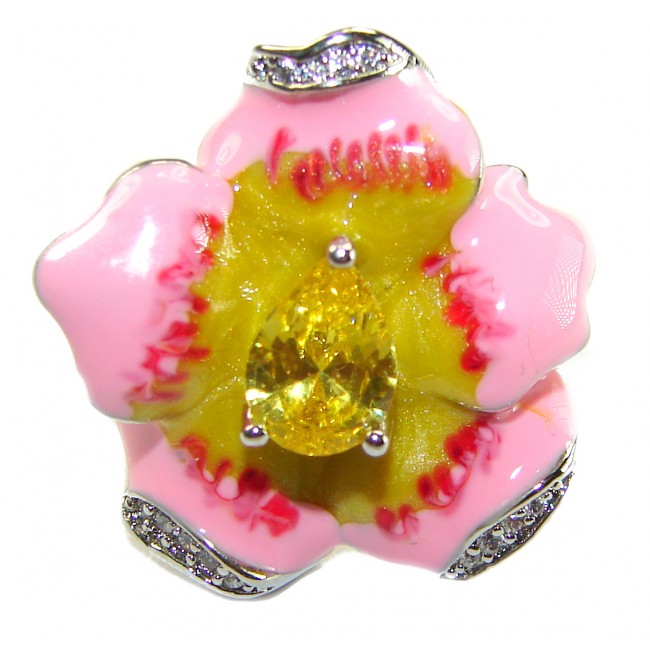 Art Deco Pink Flower Enamel 2.5 carat Citrine .925 Sterling Silver handmade Ring size 6