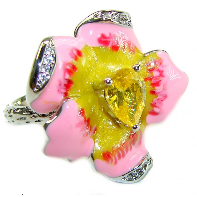 Art Deco Pink Flower Enamel 2.5 carat Citrine .925 Sterling Silver handmade Ring size 6