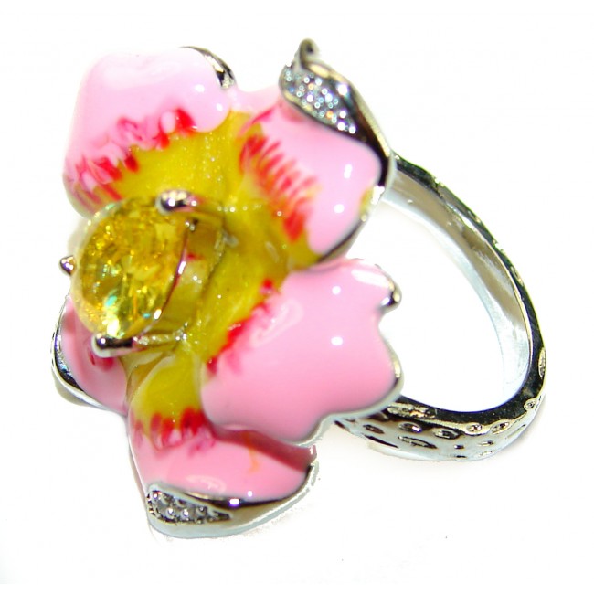 Art Deco Pink Flower Enamel 2.5 carat Citrine .925 Sterling Silver handmade Ring size 6