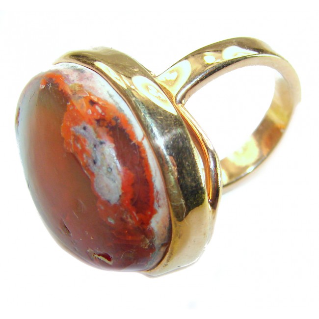 Inner Fire best quality 21.4 carat Mexican Opal 18K Gold over .925 Sterling Silver handmade ring 7 adjustable - Mexican opal ring in 18K gold, side view showing stone detail.