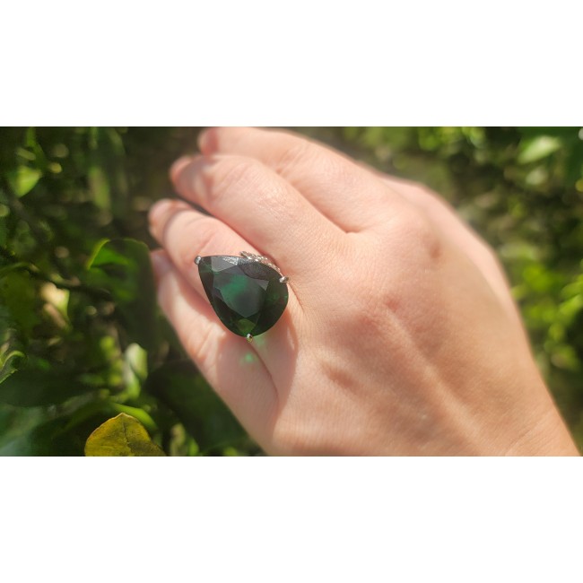 Very Unique 19.6 carat Green Tourmaline from Mozambique .925 Sterling Silver Statement Ring size 7
