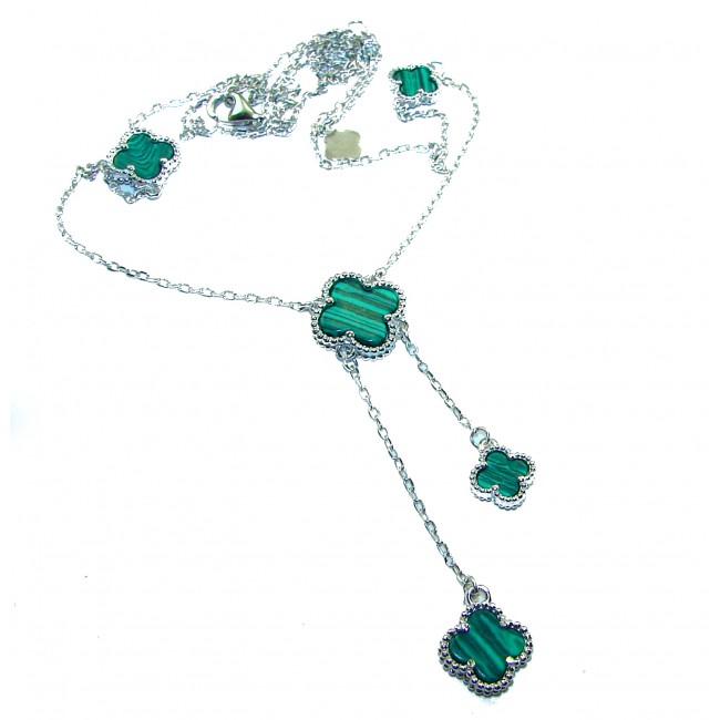Outstanding authentic inlay Malachite Lucky Four Leaf Clover .925 Sterling Silver necklace
