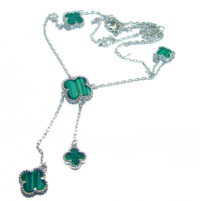 Outstanding authentic inlay Malachite Lucky Four Leaf Clover .925 Sterling Silver necklace
