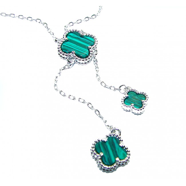 Outstanding authentic inlay Malachite Lucky Four Leaf Clover .925 Sterling Silver necklace