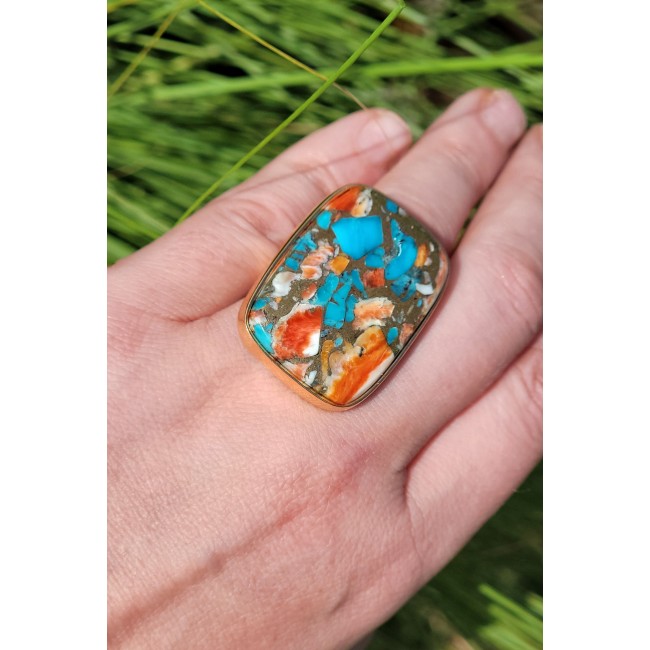 Rare 49.5 carat Oyster Turquoise 18K Gold over .925 Sterling Silver handcrafted Large ring; s. 7 adjustable