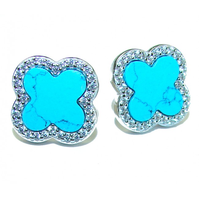Lucky Four-leaf clover natural inlay Turquoise .925 Sterling Silver handcrafted Earrings