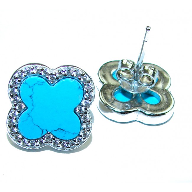 Lucky Four-leaf clover natural inlay Turquoise .925 Sterling Silver handcrafted Earrings