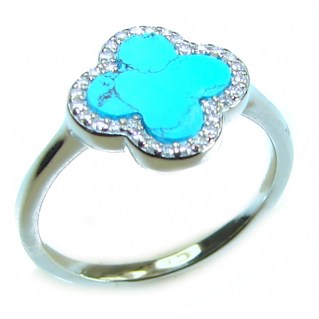 Lucky Four-leaf clover natural inlay Turquoise .925 Sterling Silver handcrafted ring s. 9