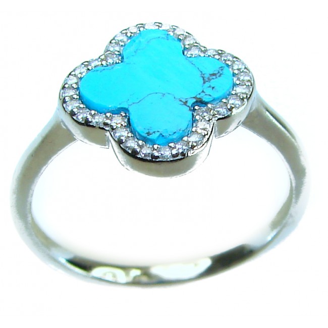 Lucky Four-leaf clover natural inlay Turquoise .925 Sterling Silver handcrafted ring s. 9