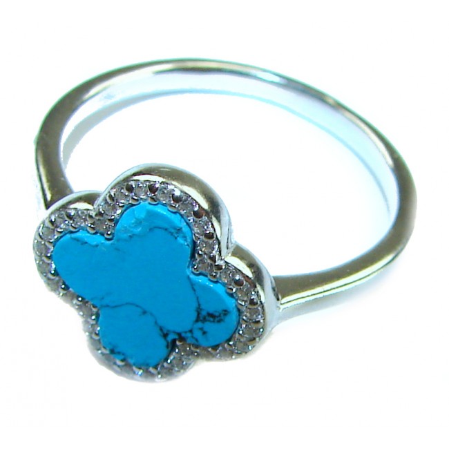 Lucky Four-leaf clover natural inlay Turquoise .925 Sterling Silver handcrafted ring s. 9