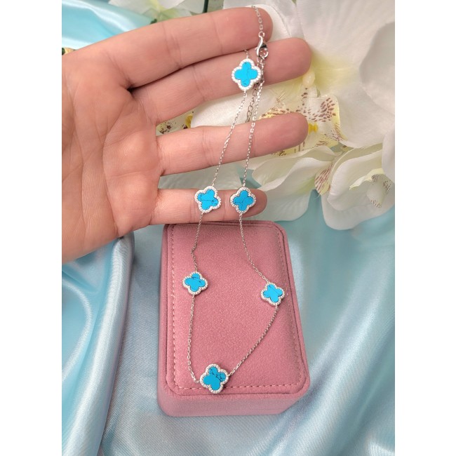 Lucky Four-leaf clover natural inlay Turquoise .925 Sterling Silver handcrafted .925 Sterling Silver necklace