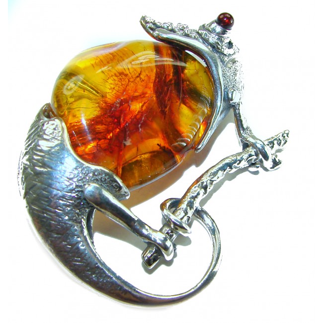 Spectacular Big Chameleon lizard Natural Baltic Amber .925 Sterling Silver handmade Pendant Brooch