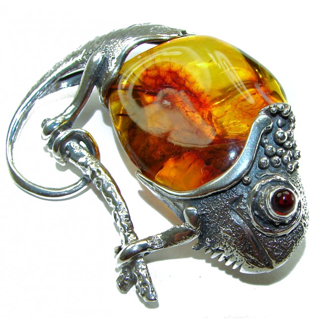Spectacular Big Chameleon lizard Natural Baltic Amber .925 Sterling Silver handmade Pendant Brooch