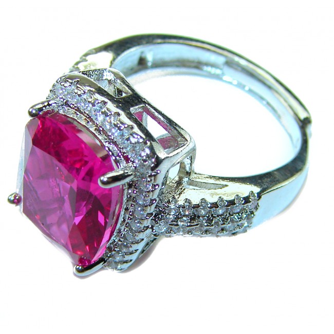 Fuchsia 8.5 carat oval emerald cut Pink Sapphire .925 Silver handcrafted Cocktail Ring s. 6 adjustable